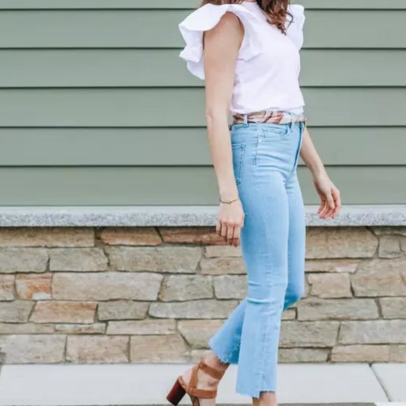 | express • distressed cropped flare hi rise denim jeans | - Picture 3 of 14